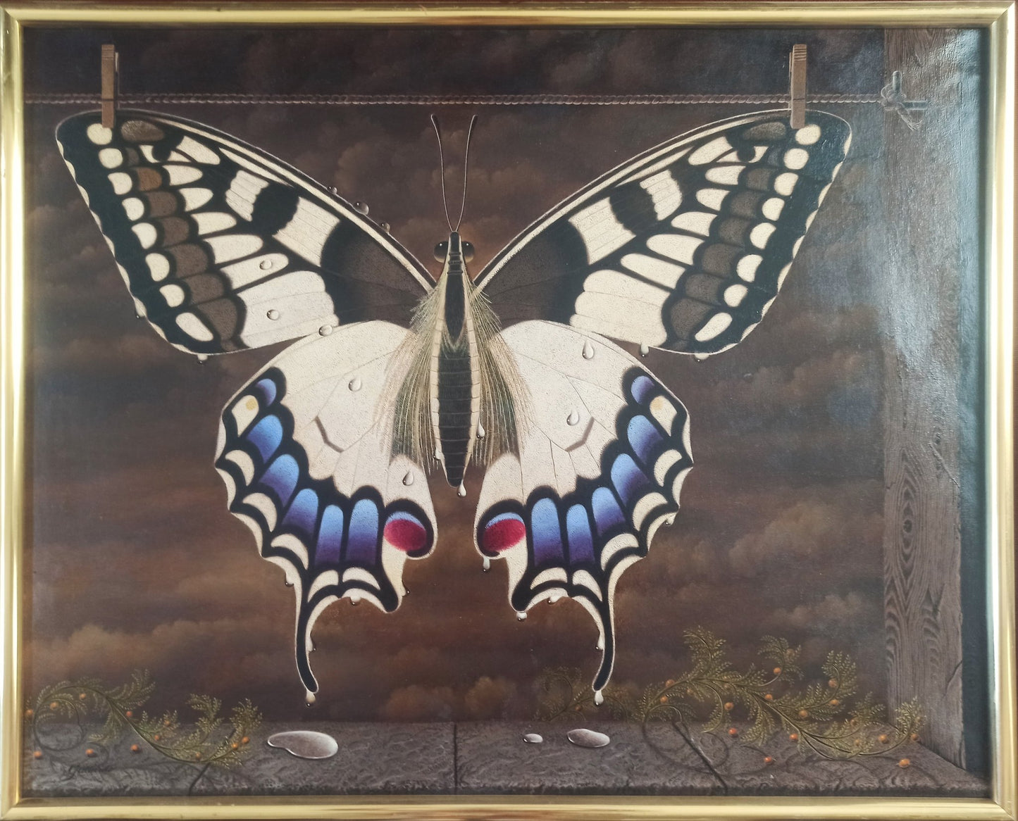 cuadro surrealista de Gervasio Gallardo Luz de tinieblas pintura mariposa detalle hiperrealista cuadro enmarcado
