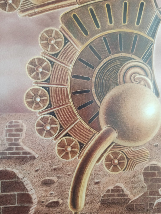 Gervasio Gallardo Mariposa eléctrica pintura surrealista mariposa mecánica figuras humanas, detalle