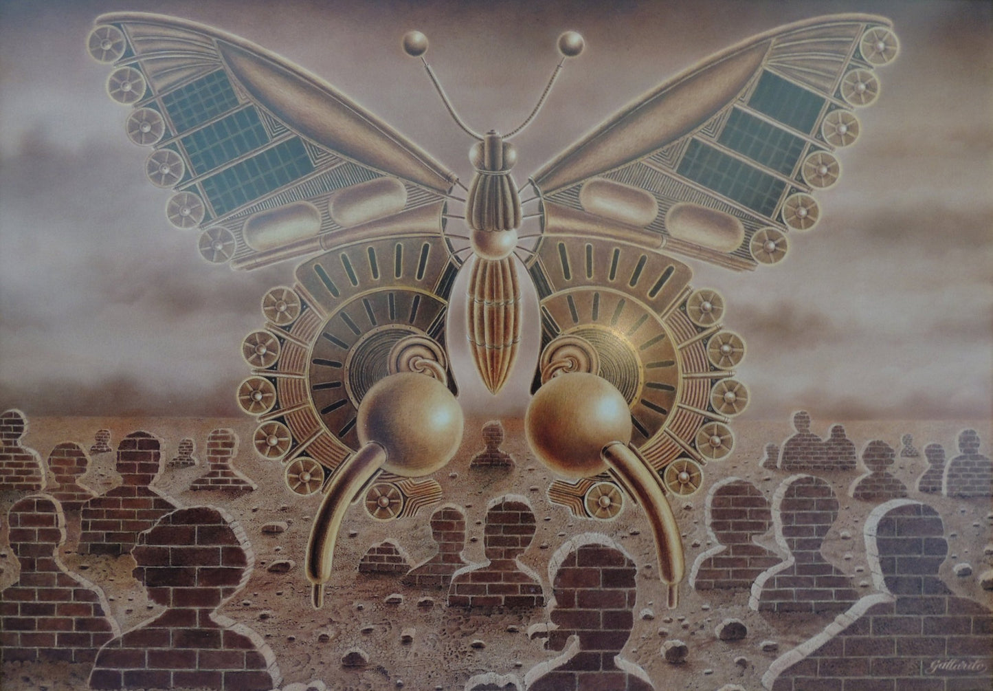 Gervasio Gallardo Mariposa eléctrica pintura surrealista mariposa mecánica figuras humanas