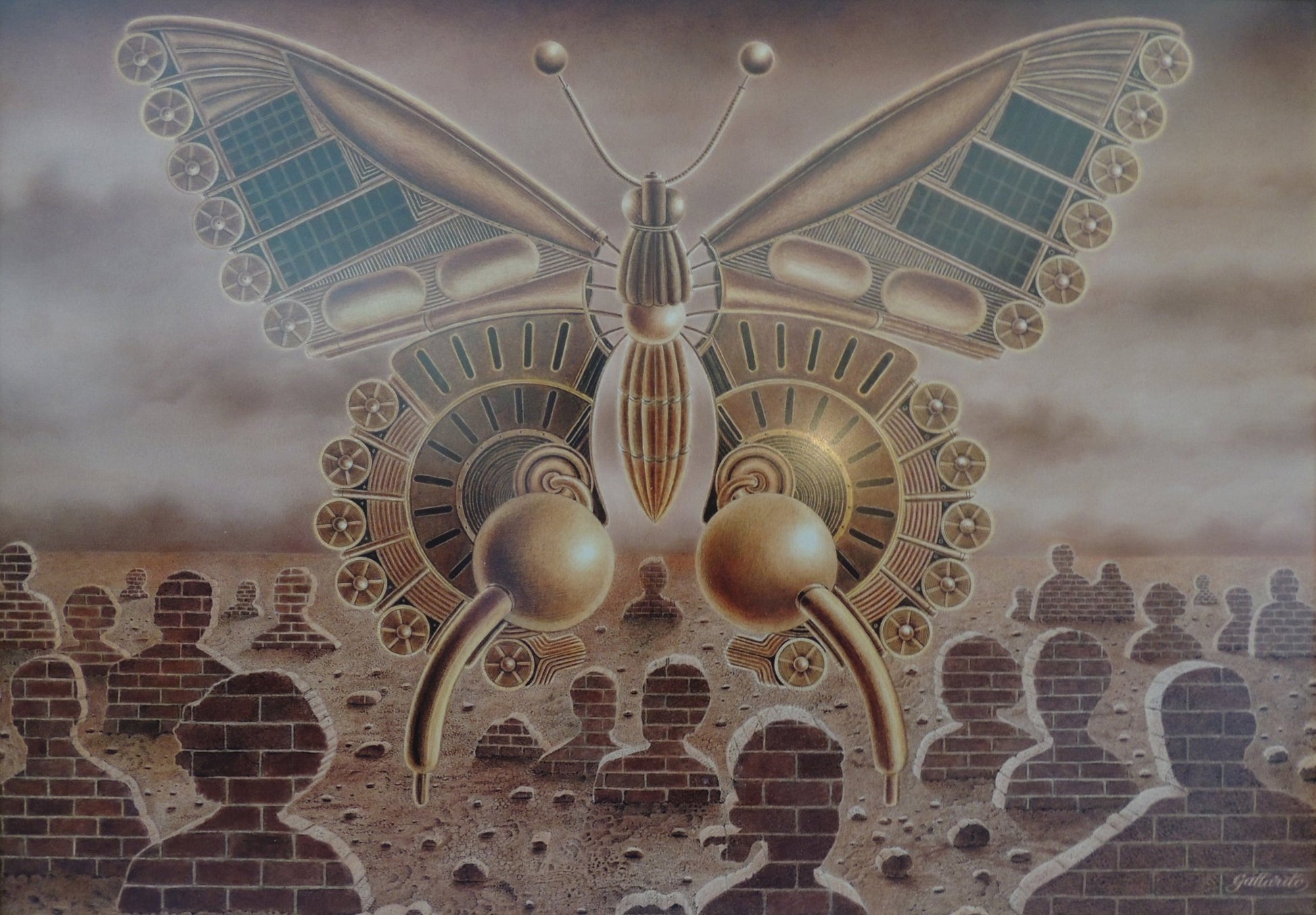 Gervasio Gallardo Mariposa eléctrica pintura surrealista mariposa mecánica figuras humanas