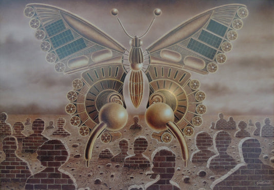 Gervasio Gallardo Mariposa eléctrica pintura surrealista mariposa mecánica figuras humanas