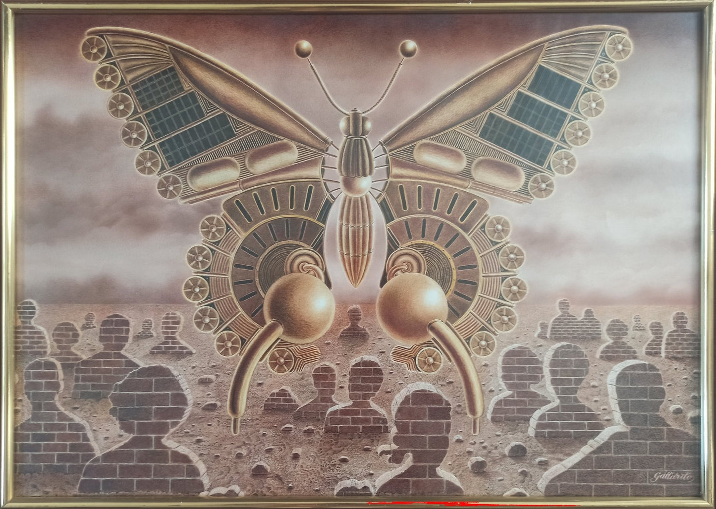 Gervasio Gallardo Mariposa eléctrica pintura surrealista mariposa mecánica figuras humanas cuadro enmarcado