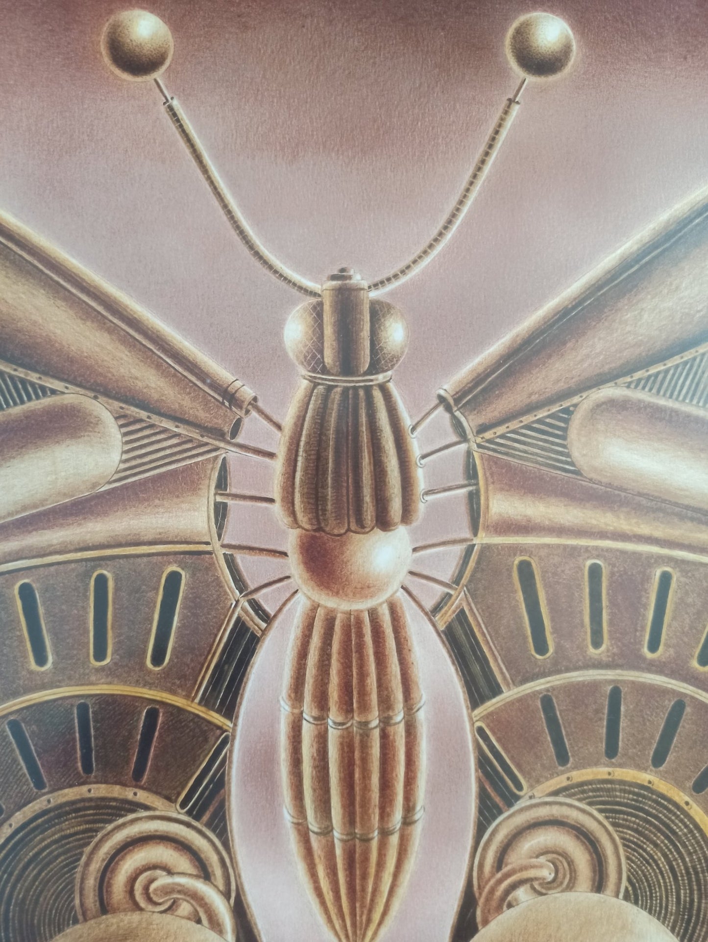 Gervasio Gallardo Mariposa eléctrica pintura surrealista mariposa mecánica figuras humanas, detalle cabeza del insecto