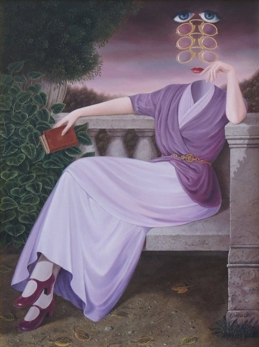 cuadro original Gervasio Gallardo - Mujer pensativa arte contemporáneo en Gaudifond. Mujer surrealista sentada con vestido lila y rostro fragmentado sosteniendo un libro en un jardín clásico