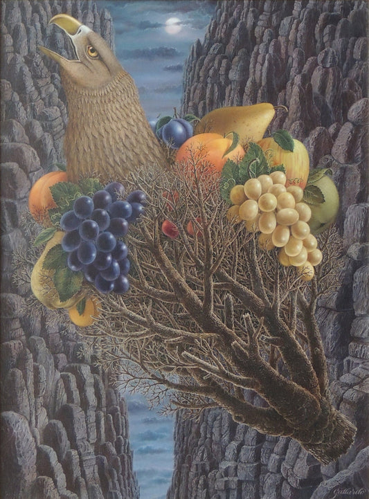 Gervasio Gallardo Pájaro y fruta pintura surrealista ave frutas paisaje rocoso simbólico