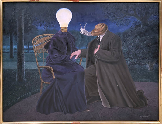 Gervasio Gallardo Siempre ella pintura surrealista mujer con cabeza de bombilla y hombre caracol escena nocturna