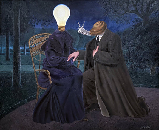 cuadro original de Gervasio Gallardo - Siempre ella arte contemporáneo en Gaudifond. Pintura surrealista mujer con cabeza de bombilla y hombre caracol escena nocturna
