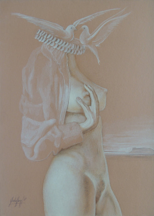 Gregorio Sabillón Andiando grisalla surrealista, pintura sobre papel. Figura femenina desnuda con pajaros blancos arte contemporáneo en venta