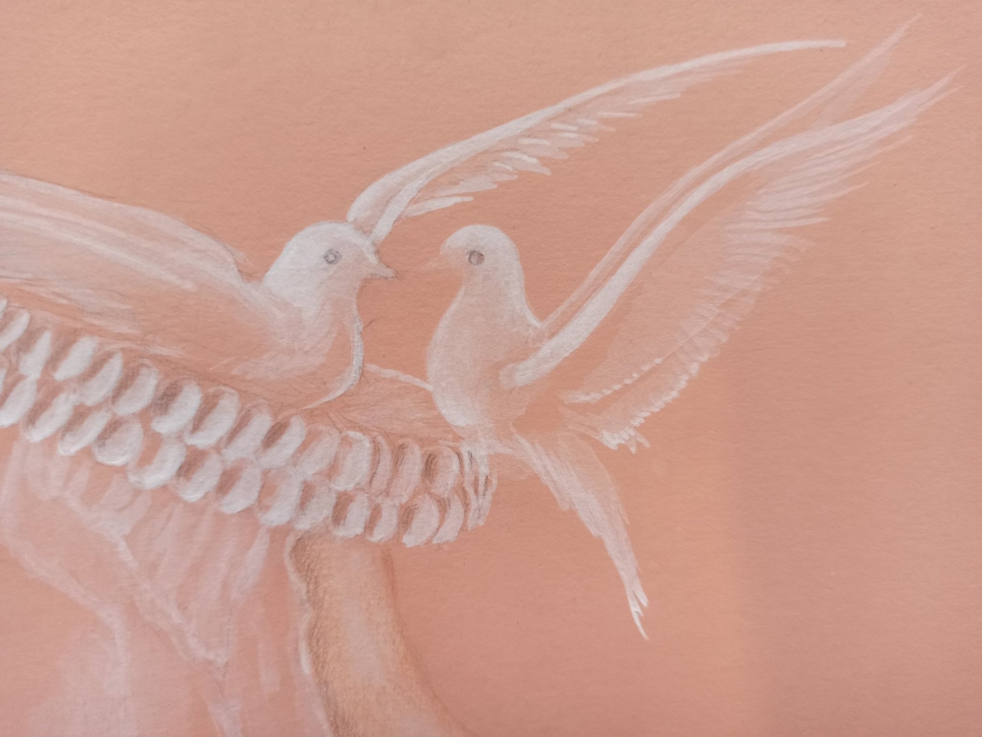 Gregorio Sabillón Andiando grisalla surrealista, pintura sobre papel. Figura femenina con pajaros blancos, detalle aves