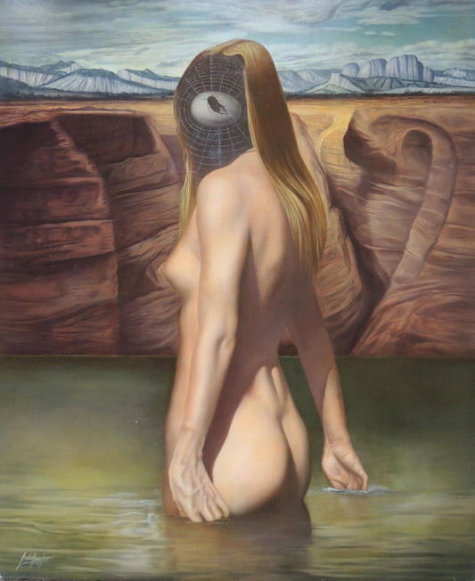 Gregorio Sabillón Bañista óleo en venta desnudo surrealista arte contemporáneo simbolismo figura femenina pintura original galería arte