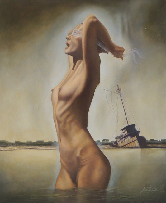 Gregorio Sabillón Baño azul óleo en venta figura femenina surrealista barco simbolismo contemporáneo arte original galería