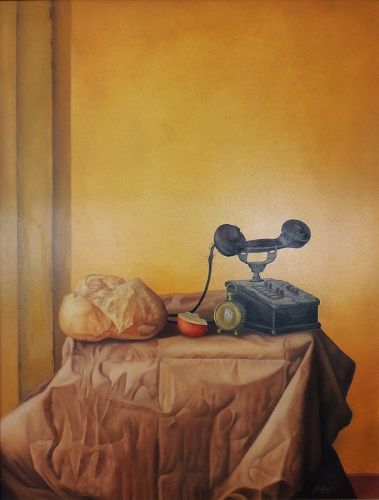 Gregorio Sabillón Bodegón óleo en venta naturaleza muerta contemporánea pan teléfono antiguo reloj simbolismo tiempo arte original galería