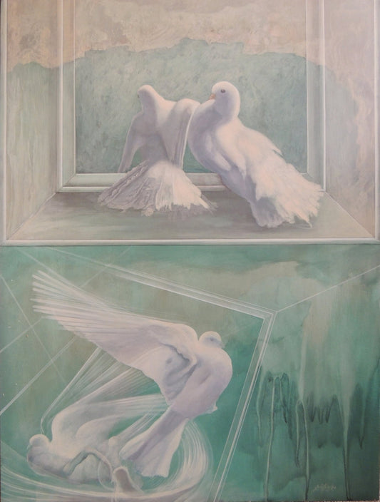 Gregorio Sabillón Danza nupcial óleo surrealista palomas blancas simbolismo unión escena onírica arte contemporáneo en venta