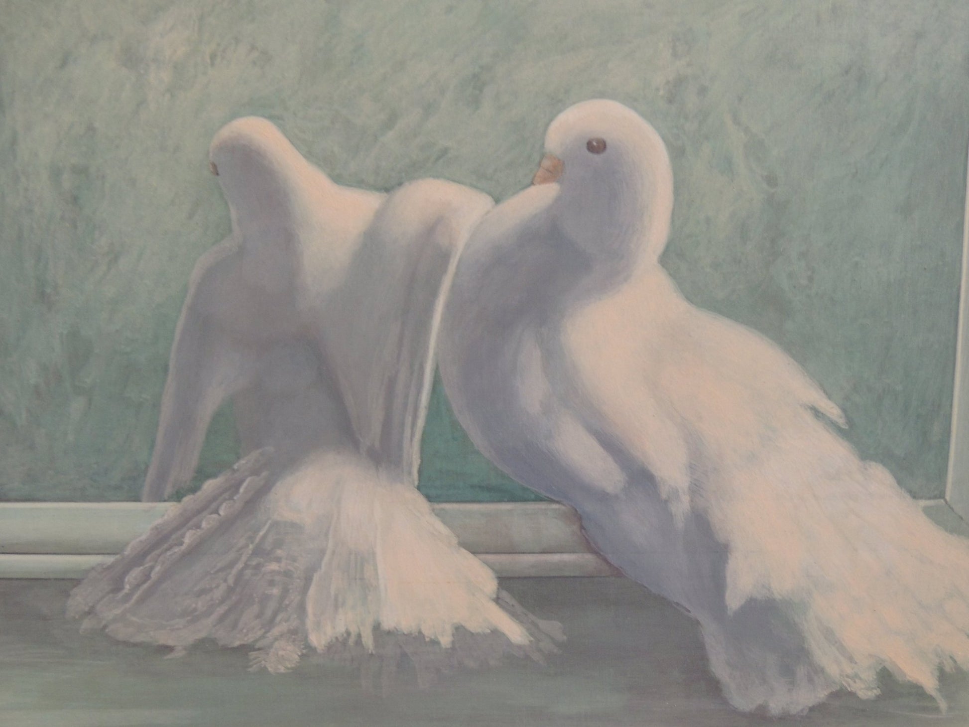 Gregorio Sabillón Danza nupcial óleo surrealista palomas blancas simbolismo unión escena onírica arte contemporáneo en venta detalle pajaros