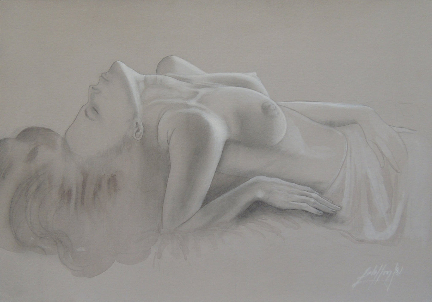Gregorio Sabillón Desnudo n3 Estudio grisalla figura femenina reclinada arte contemporáneo en venta