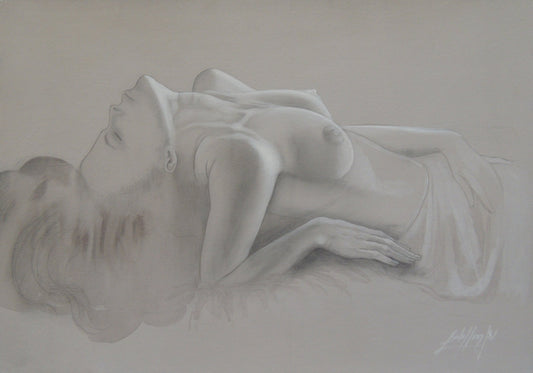 Gregorio Sabillón Desnudo n3 Estudio grisalla figura femenina reclinada arte contemporáneo en venta