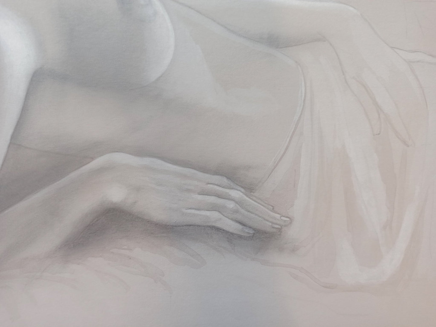 Gregorio Sabillón Desnudo n3 Estudio grisalla figura femenina reclinada, detalle manos, arte contemporáneo en venta