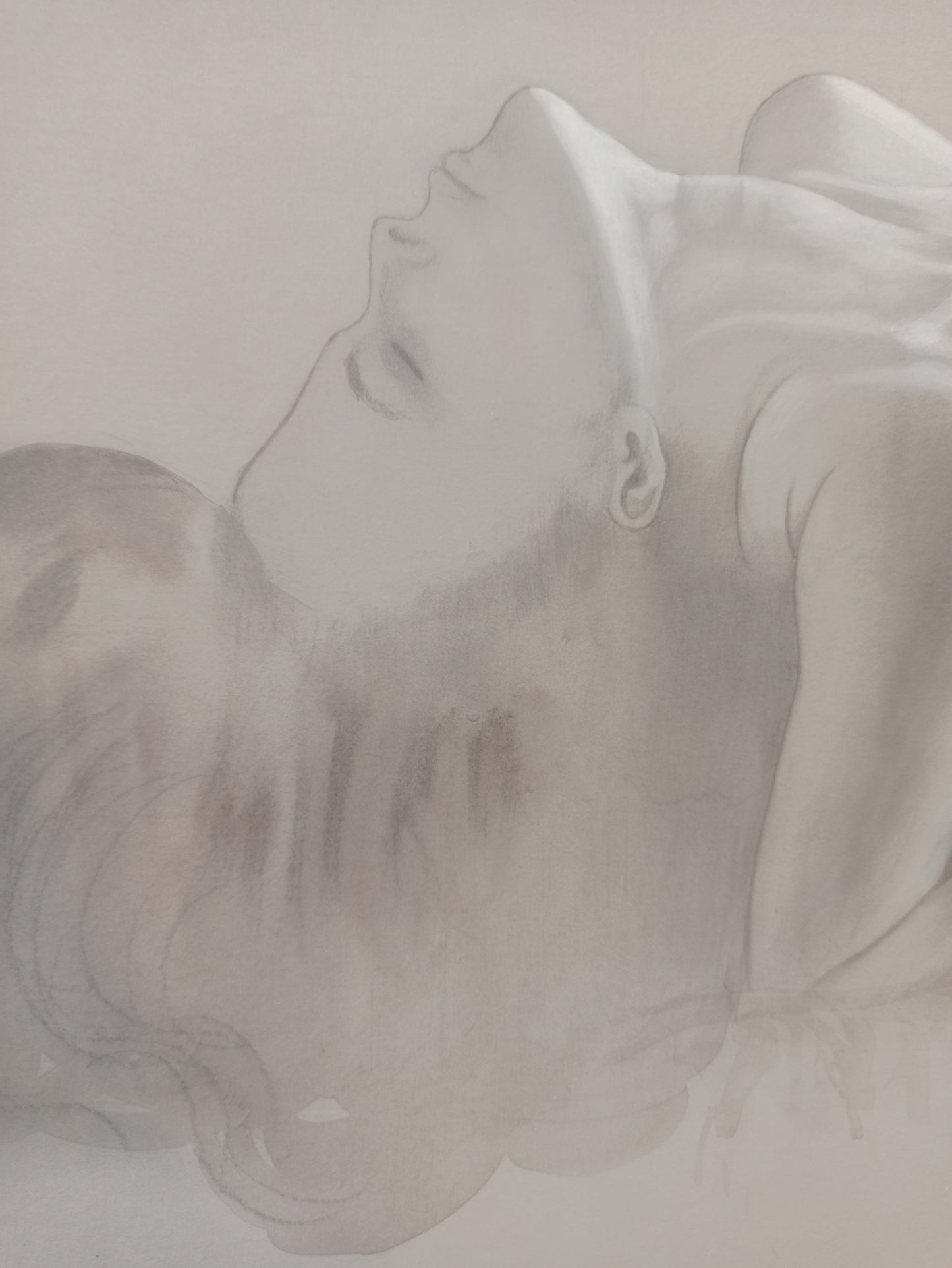 Gregorio Sabillón Desnudo n3 Estudio grisalla figura femenina reclinada, detalle rostro arte contemporáneo en venta. Gaudifond