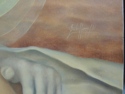 Gregorio Sabillón El sueño óleo surrealista niño durmiendo figuras simbólicas arte contemporáneo onírico en venta detalle firma