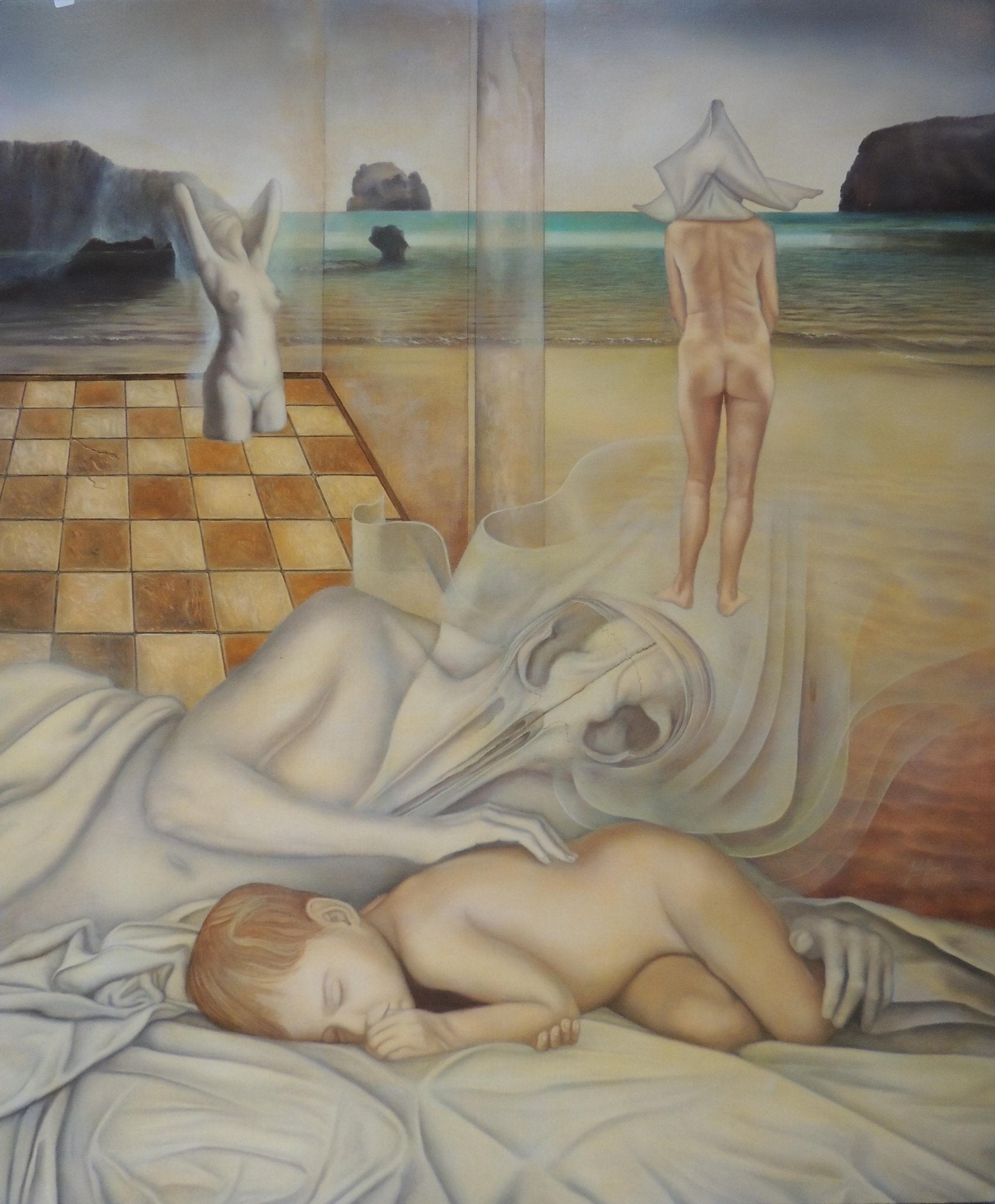 Gregorio Sabillón El sueño óleo surrealista niño durmiendo figuras simbólicas arte contemporáneo onírico en venta