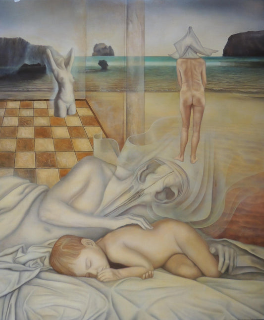 Gregorio Sabillón El sueño óleo surrealista niño durmiendo figuras simbólicas arte contemporáneo onírico en venta
