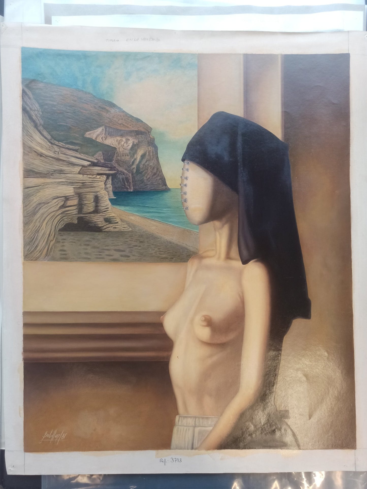 Gregorio Sabillón En la ventana pintura surrealista mujer rostro cosido frente a paisaje marino arte contemporáneo pintura sin bastidor