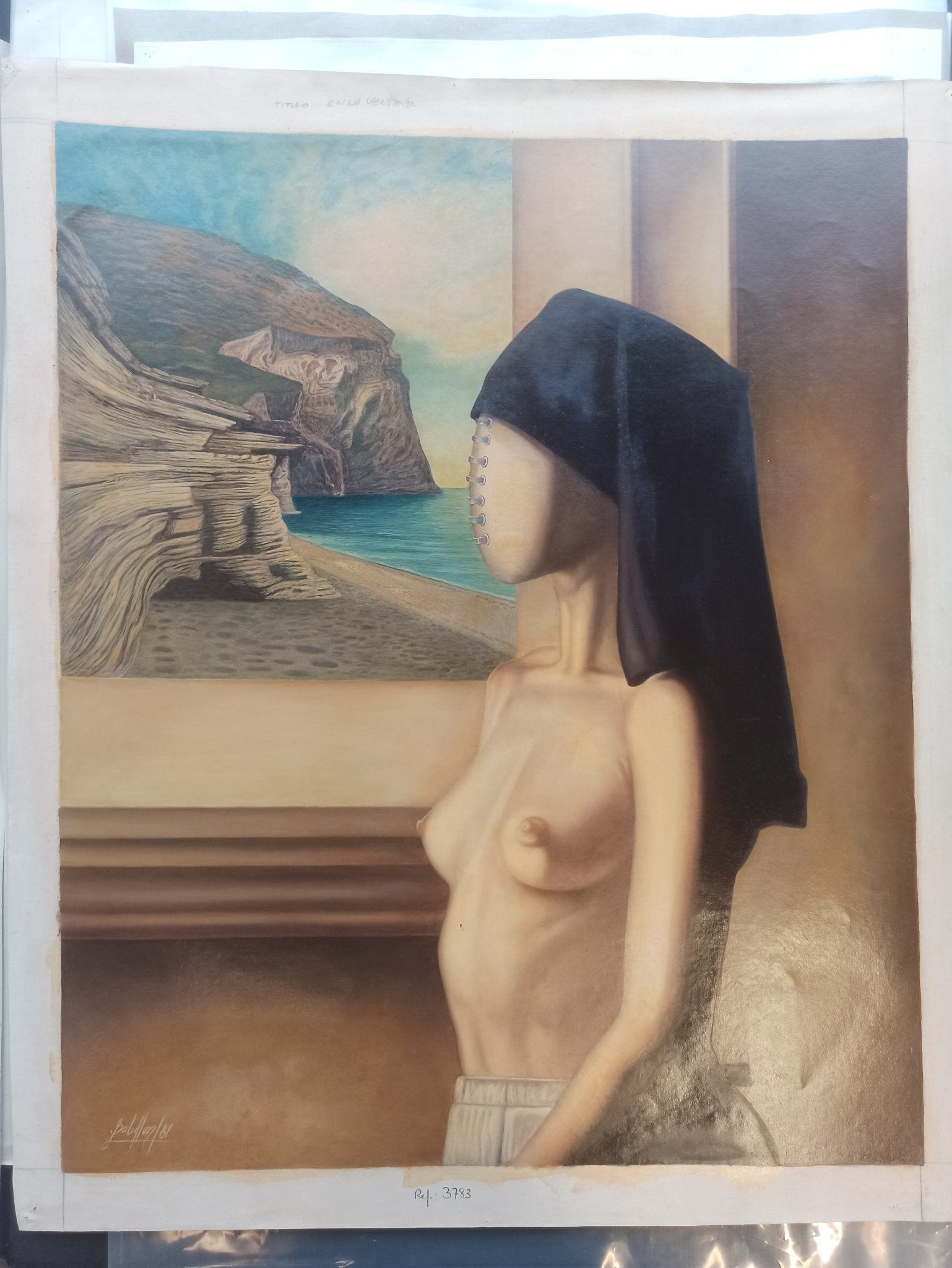 Gregorio Sabillón En la ventana pintura surrealista mujer rostro cosido frente a paisaje marino arte contemporáneo pintura sin bastidor