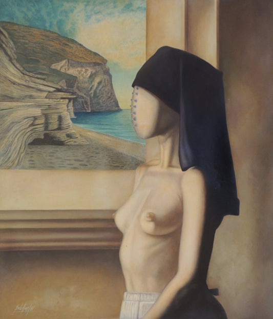 Gregorio Sabillón En la ventana pintura surrealista mujer rostro cosido frente a paisaje marino arte contemporáneo
