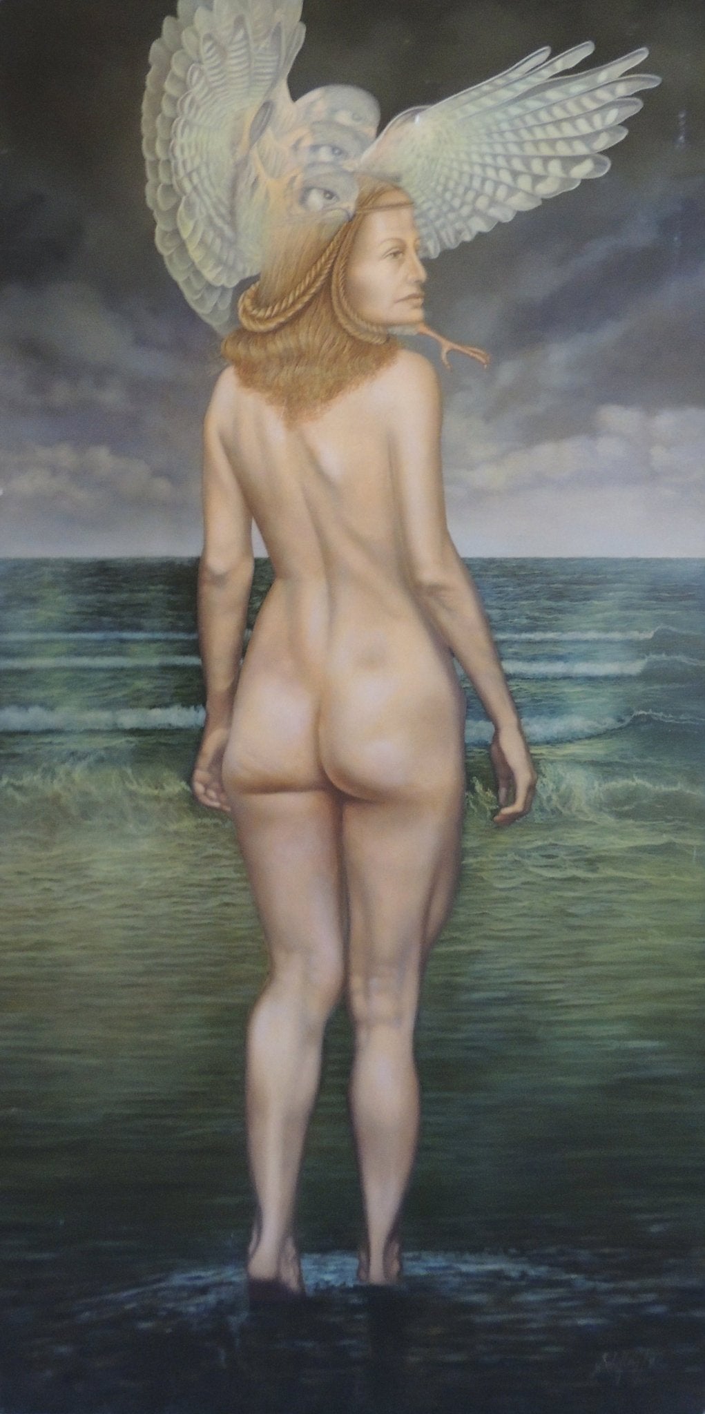 Gregorio Sabillón óleo surrealista mujer entrando al océano figura desnuda simbolismo arte contemporáneo pintura original en venta