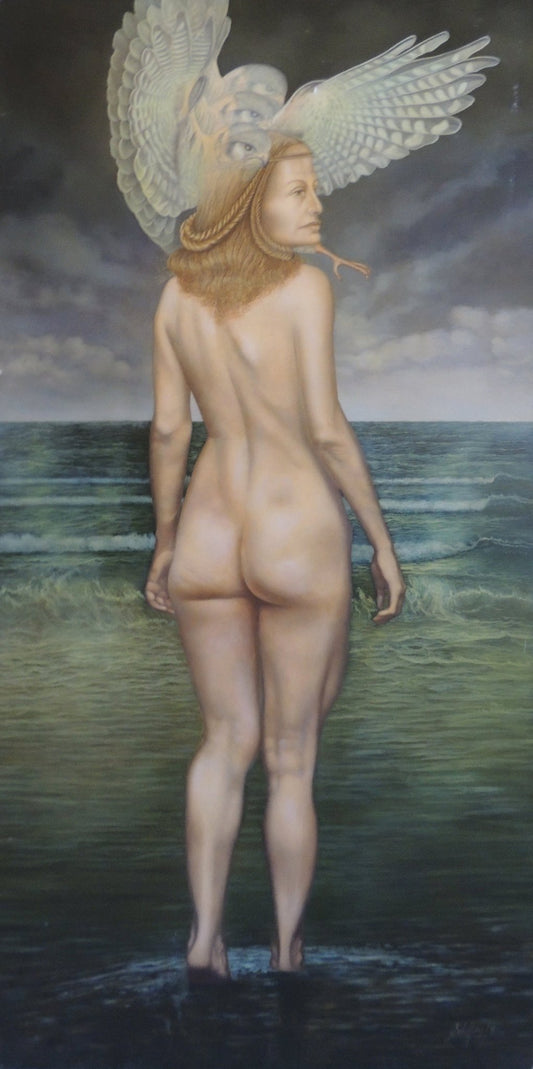 Gregorio Sabillón óleo surrealista mujer entrando al océano figura desnuda simbolismo arte contemporáneo pintura original en venta