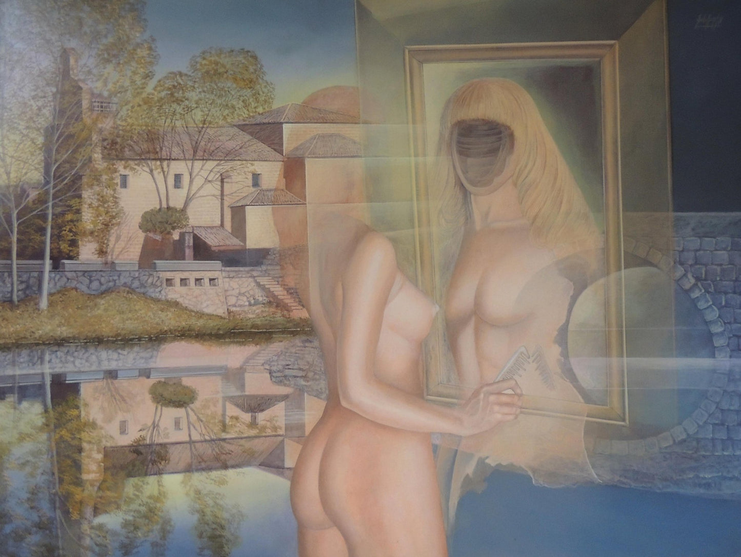 Gregorio Sabillón óleo surrealista mujer espejo reflejo identidad arte contemporáneo simbolismo pintura original en venta