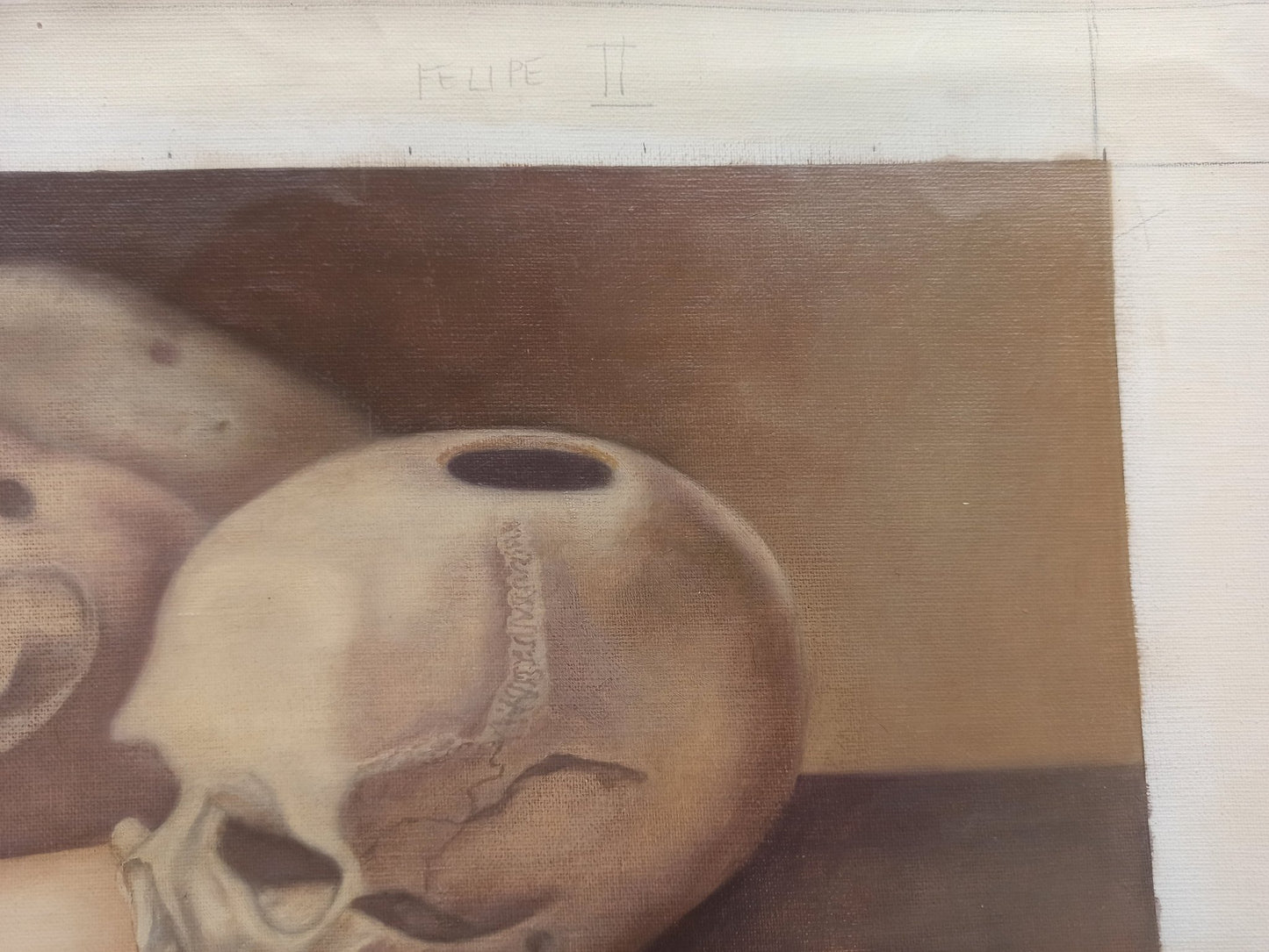 Gregorio Sabillón Felipe II óleo en venta retrato renacentista contemporáneo simbolismo surrealista detalle calavera 