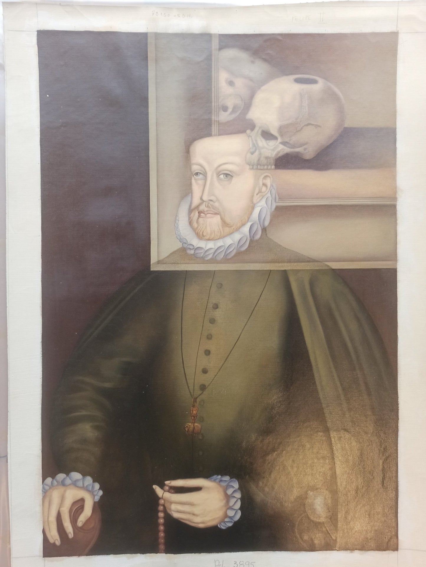 Gregorio Sabillón Felipe II óleo en venta retrato renacentista contemporáneo simbolismo surrealista calavera arte original galería obra sin bastidor