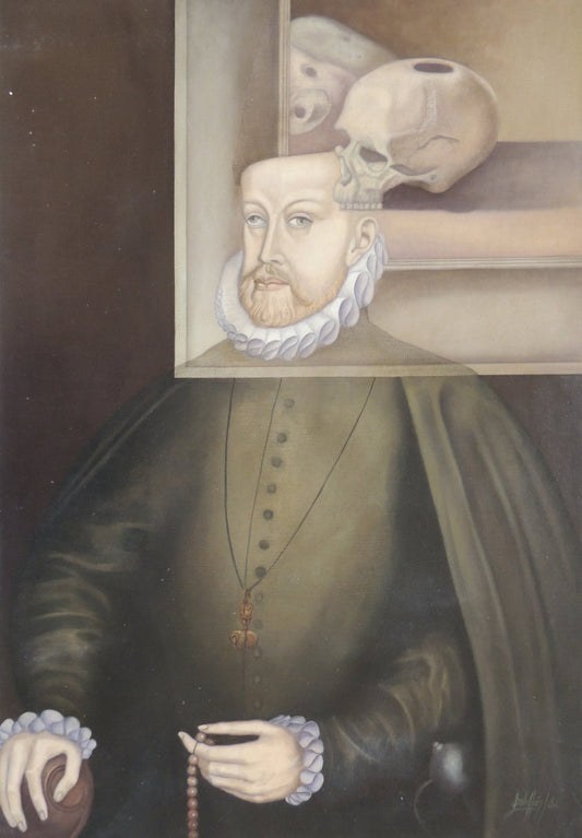 Gregorio Sabillón Felipe II óleo en venta retrato renacentista contemporáneo simbolismo surrealista calavera arte original galería