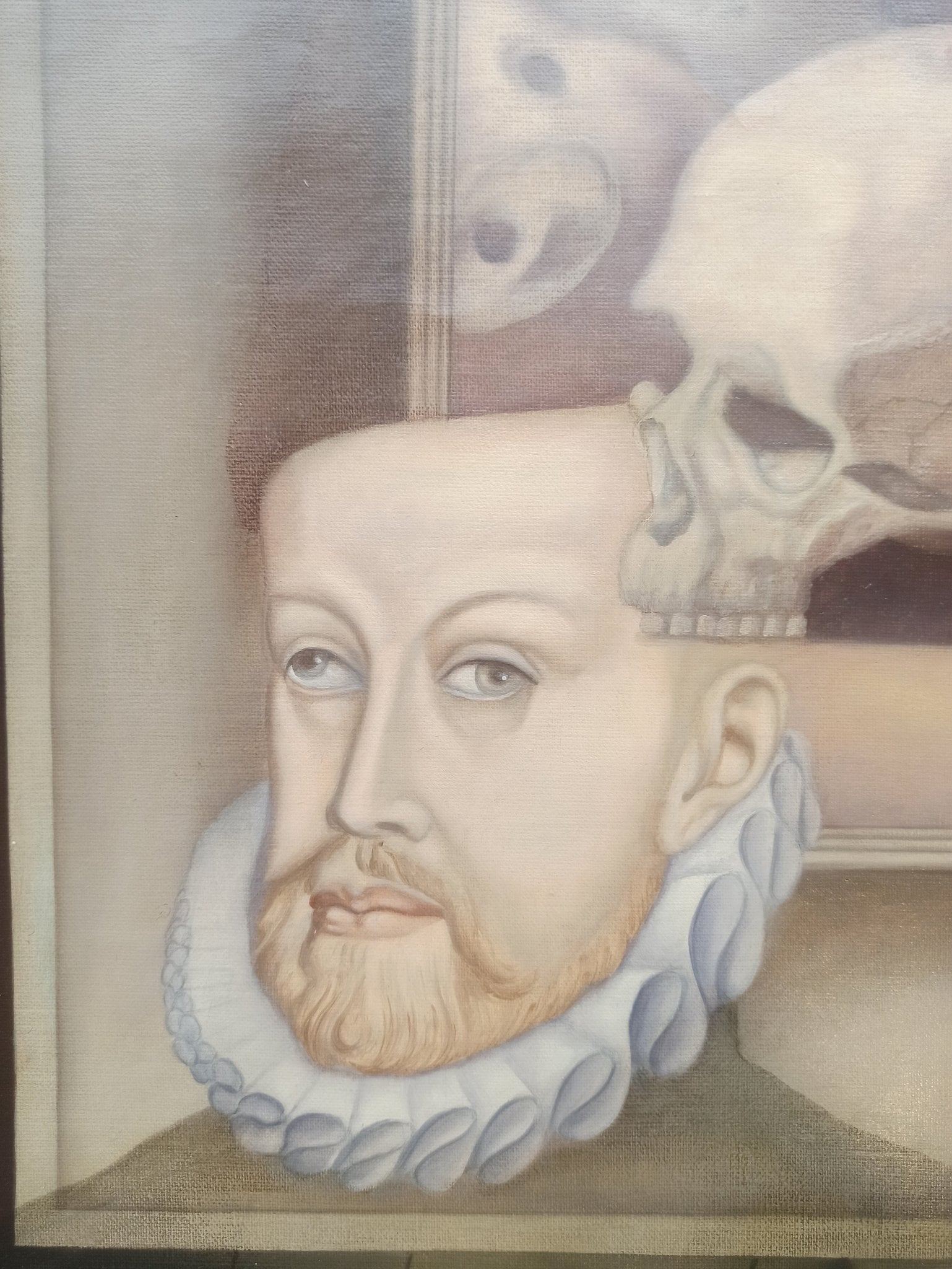 Gregorio Sabillón Felipe II óleo en venta retrato renacentista contemporáneo simbolismo surrealista detalle rostro con calavera 