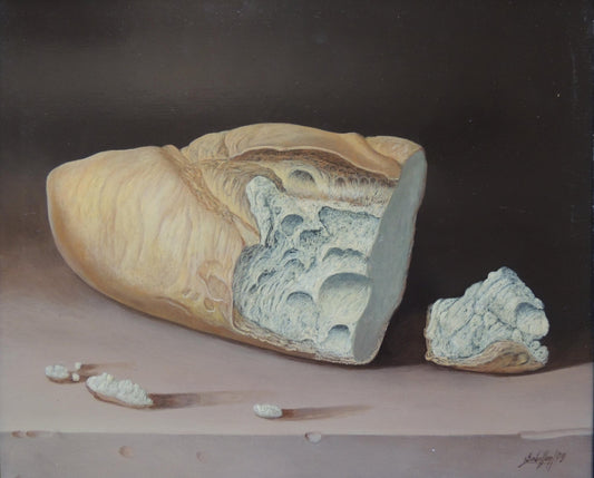 Gaudifond. Gregorio Sabillón Hogaza de pan óleo naturaleza muerta simbólica surrealista arte contemporáneo en venta