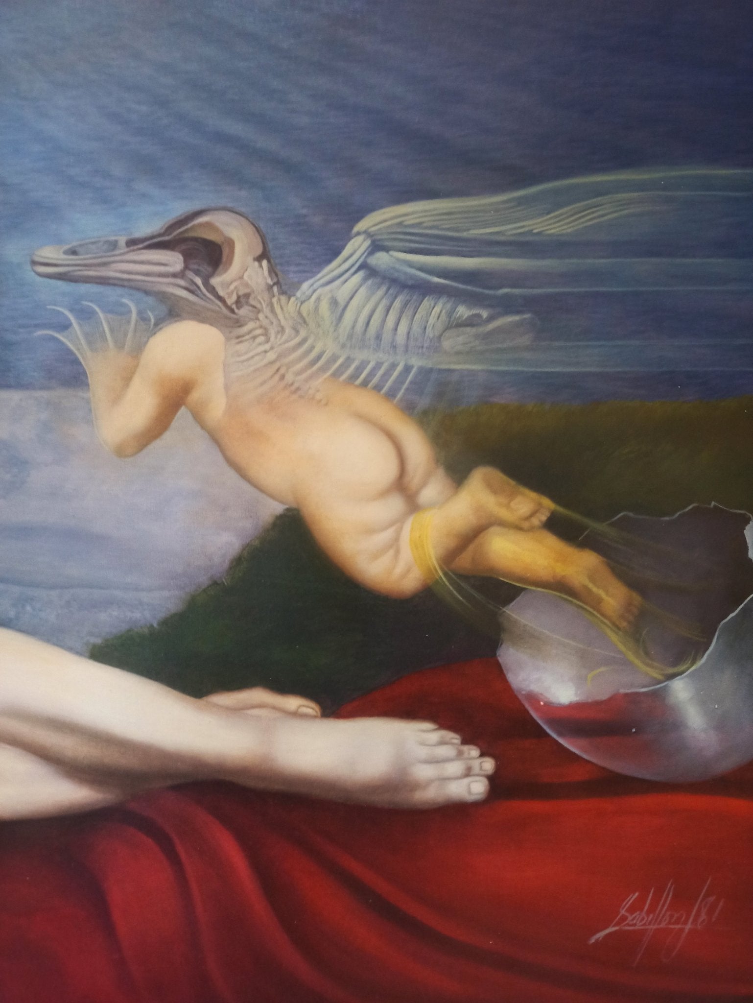 Gregorio Sabillón La merienda de Cupido pintura surrealista desnudo femenino detalle Cupido saliendo de un huevo