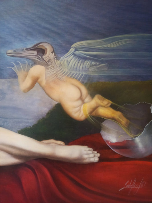Gregorio Sabillón La merienda de Cupido pintura surrealista desnudo femenino detalle Cupido saliendo de un huevo