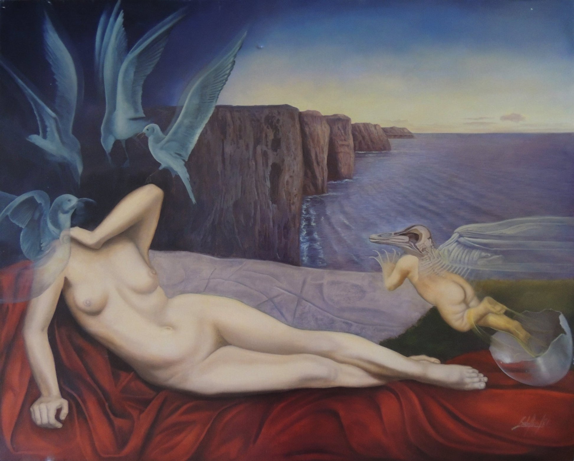 Gregorio Sabillón La merienda de Cupido pintura surrealista desnudo femenino Cupido paisaje marino