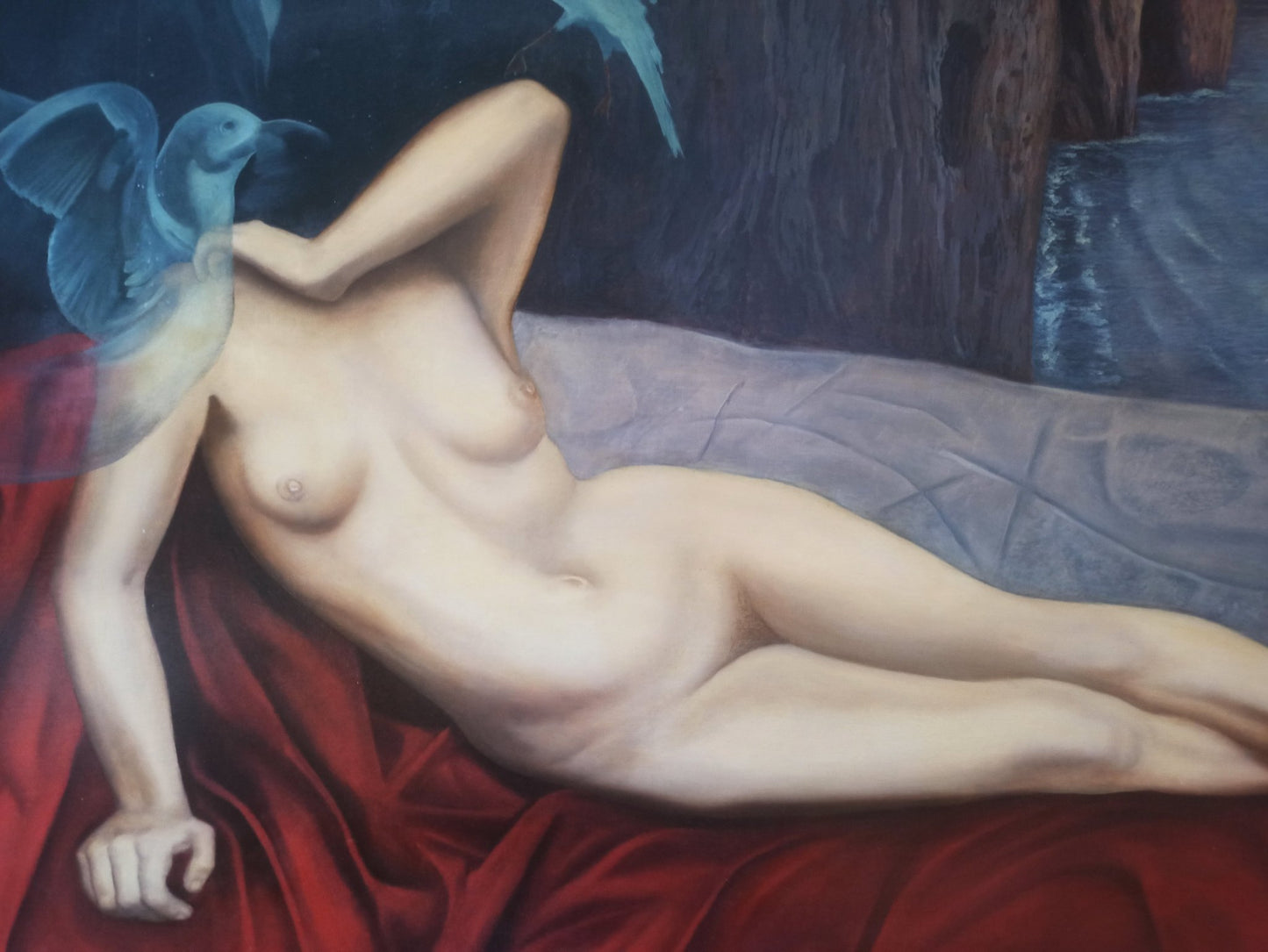 Gregorio Sabillón La merienda de Cupido pintura surrealista desnudo femenino idealizado sobre rojo paisaje marino