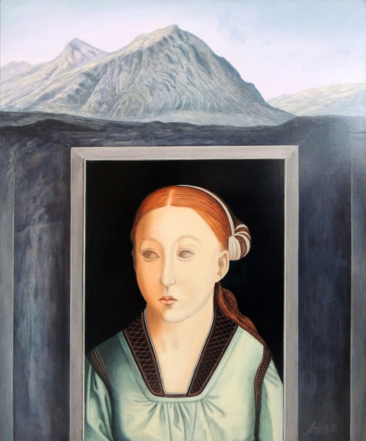 Gregorio Sabillón La montaña óleo retrato femenino ojos extraños simbolismo inquietante arte contemporáneo en venta