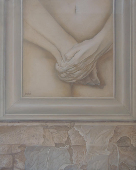 Gregorio Sabillón Manos II óleo manos entrelazadas figura humana intimidad introspección arte contemporáneo en venta