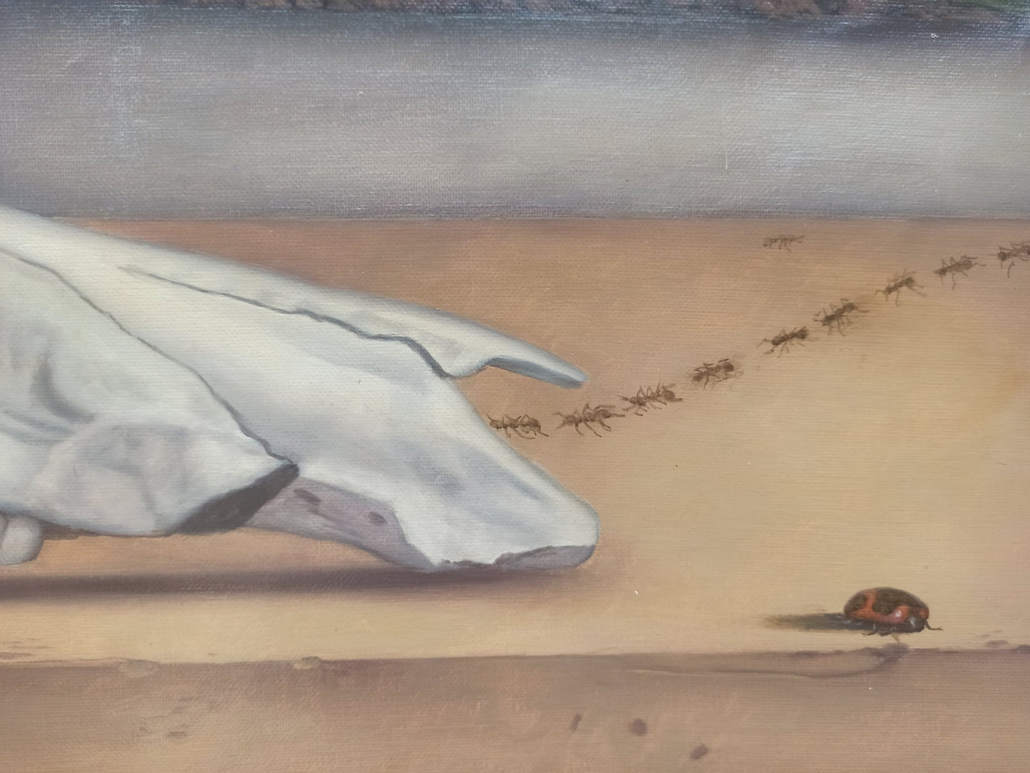 Gregorio Sabillón Paisaje Garrotxa óleo en venta arte surrealista calavera paisaje volcánico montaña obra original contemporánea detalle insectos