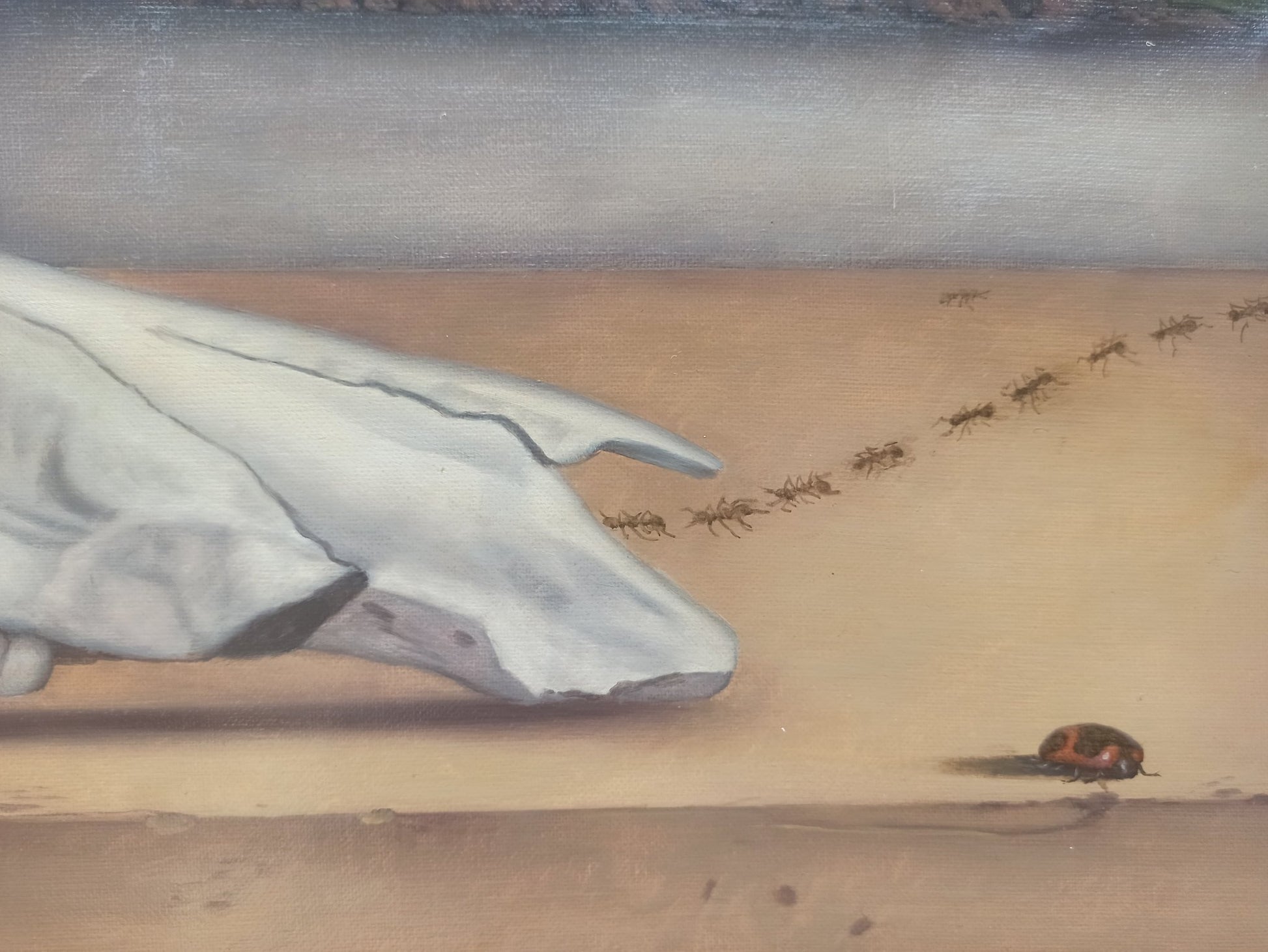 Gregorio Sabillón Paisaje Garrotxa óleo en venta arte surrealista calavera paisaje volcánico montaña obra original contemporánea detalle insectos