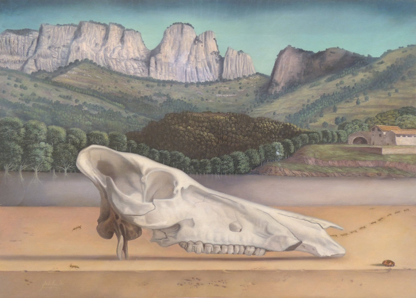 Gregorio Sabillón Paisaje Garrotxa óleo en venta arte surrealista calavera paisaje volcánico montaña obra original contemporánea