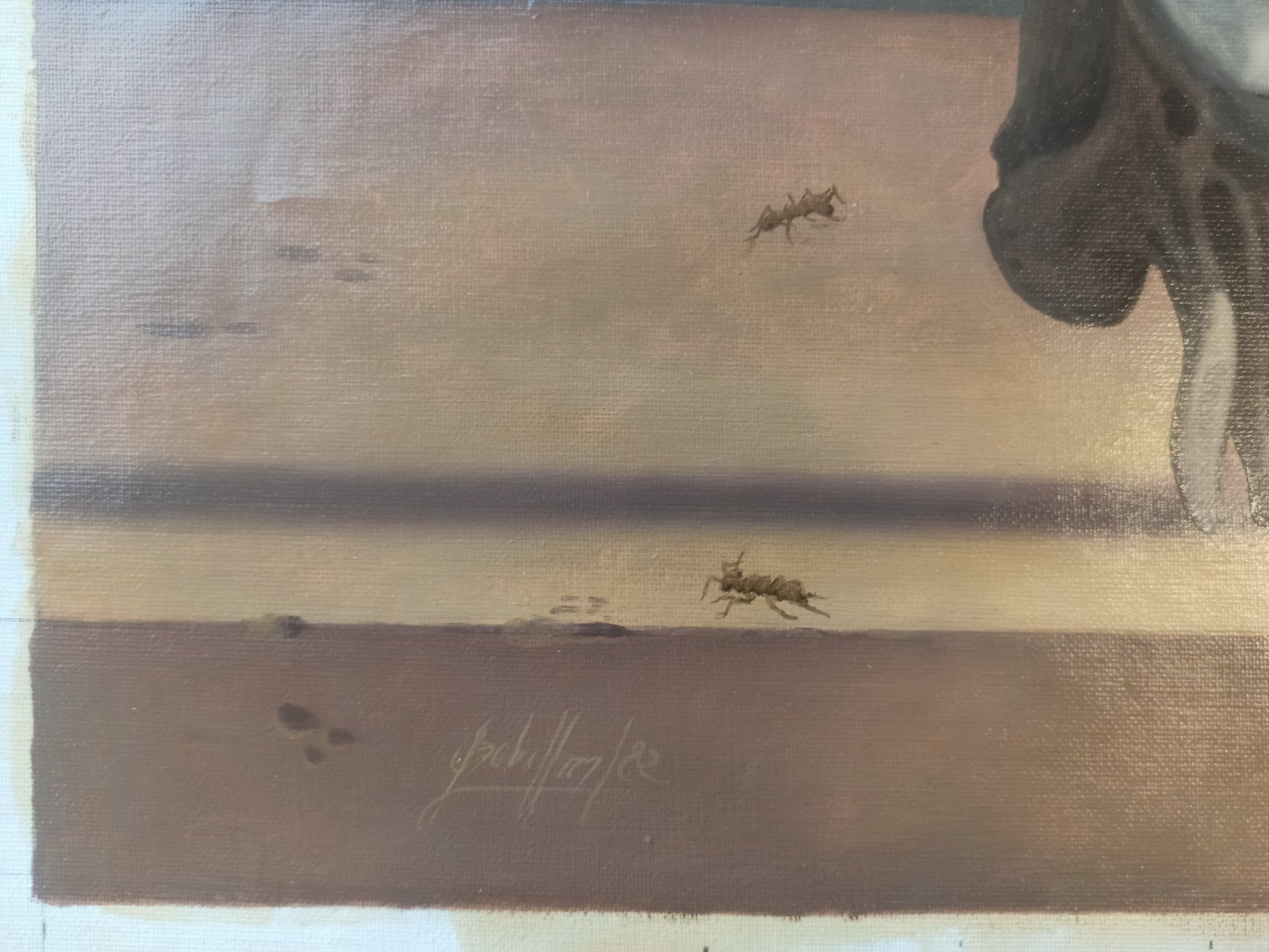 Gregorio Sabillón Paisaje Garrotxa óleo en venta arte surrealista calavera paisaje volcánico montaña obra original contemporánea detalle firma 