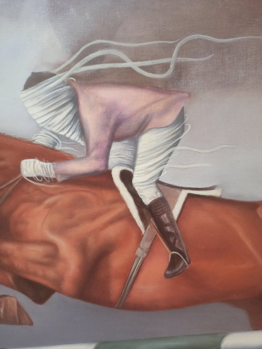 Gregorio Sabillón Salto óleo surrealista caballo jinete fragmentado arte contemporáneo simbólico en venta detalle figura