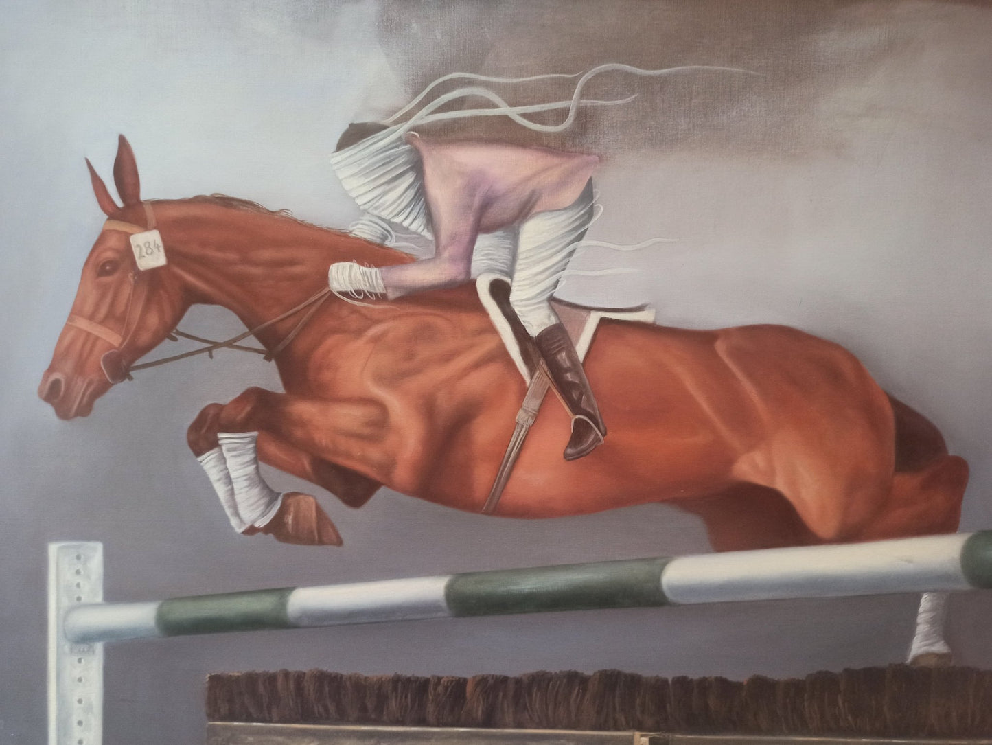 Gregorio Sabillón Salto óleo surrealista caballo jinete fragmentado arte contemporáneo simbólico en venta detalle caballo