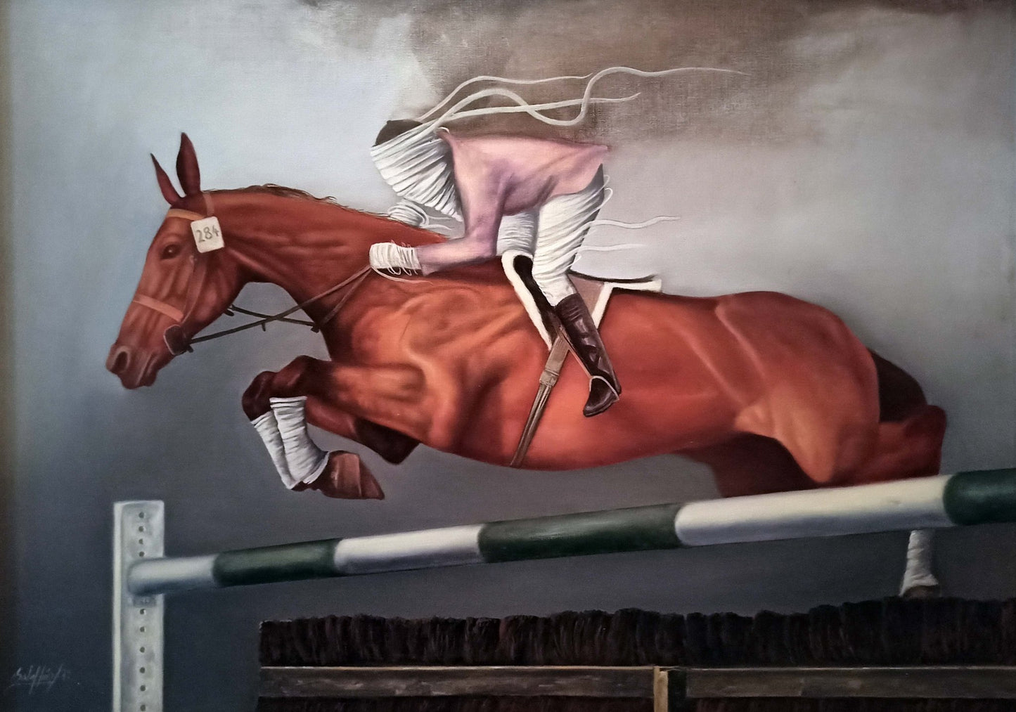 Gregorio Sabillón Salto óleo surrealista caballo jinete fragmentado arte contemporáneo simbólico en venta
