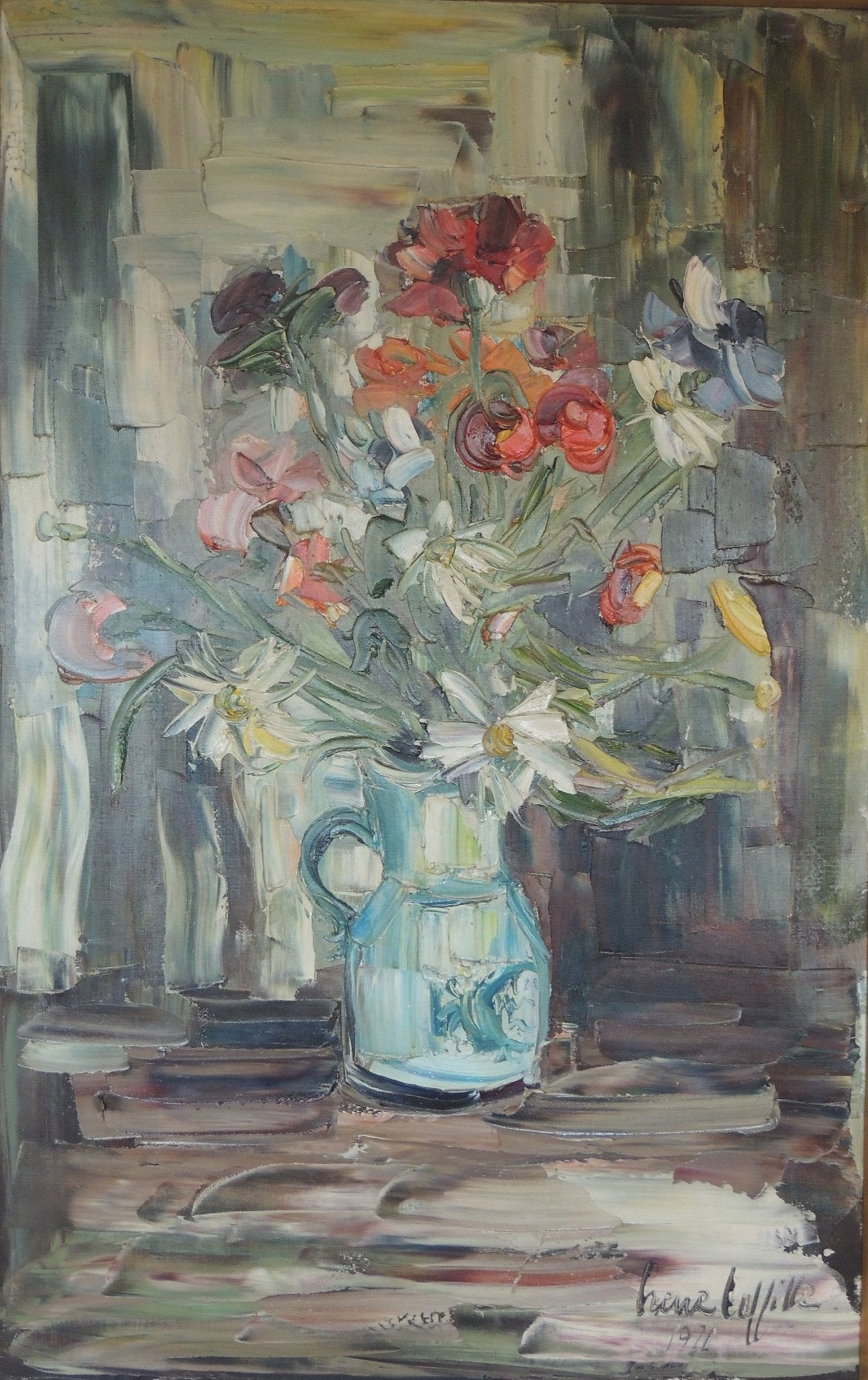 Irene Lafitte Ramo de flor en la mesa naturaleza muerta flores en jarrón pintura expresionista composición contemporánea obra original